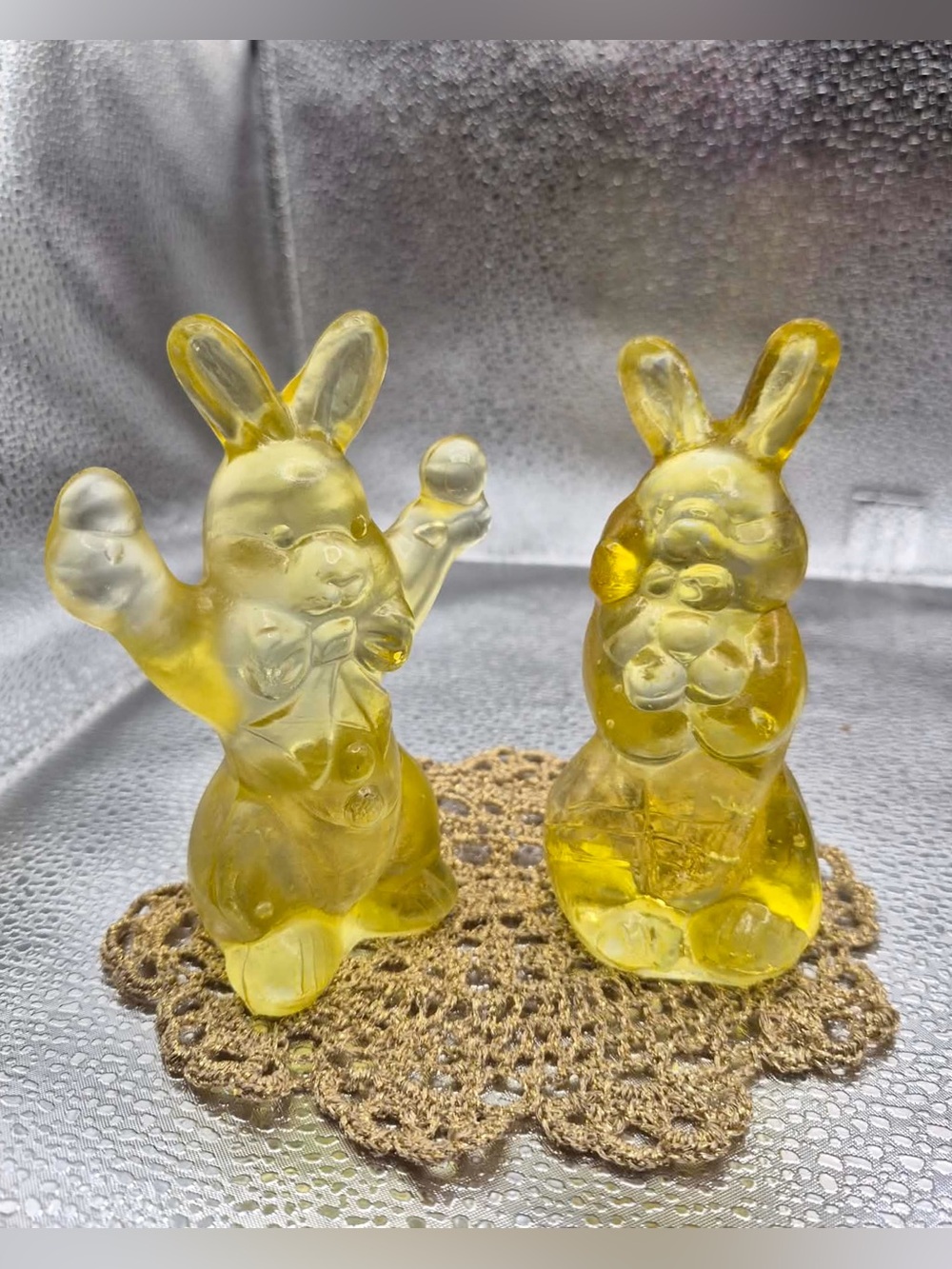 Vintage Yellow Glass Easter Bunny Pair - 2 Pressed Glass Midcentury Rabbits